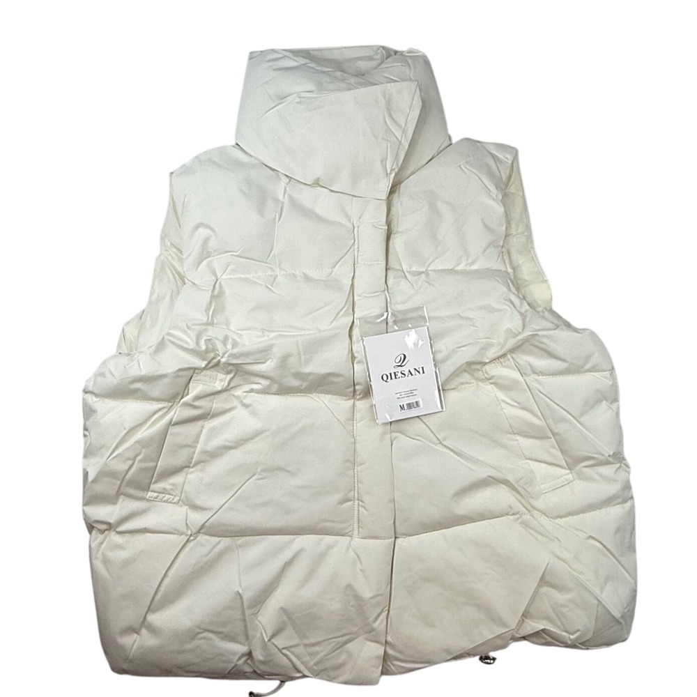 Women Cream Puffer Vest High Neck Quilted Qiesani Size Medium pockets‎ zip